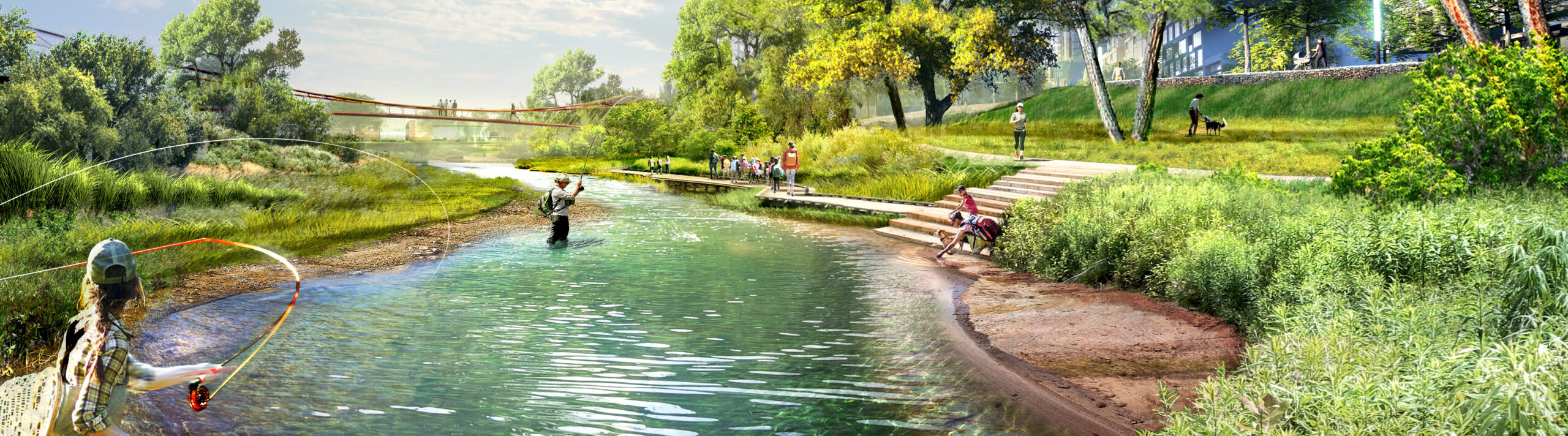 Rendering of people fly fishing in a river
